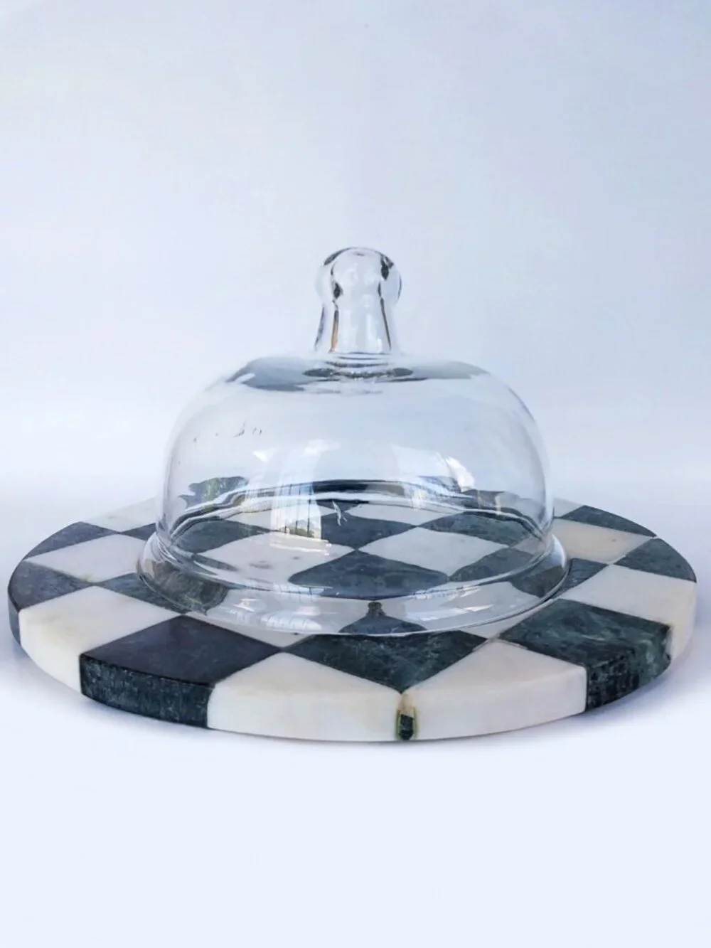 Glass Cloche with Marble Checkerboard Base